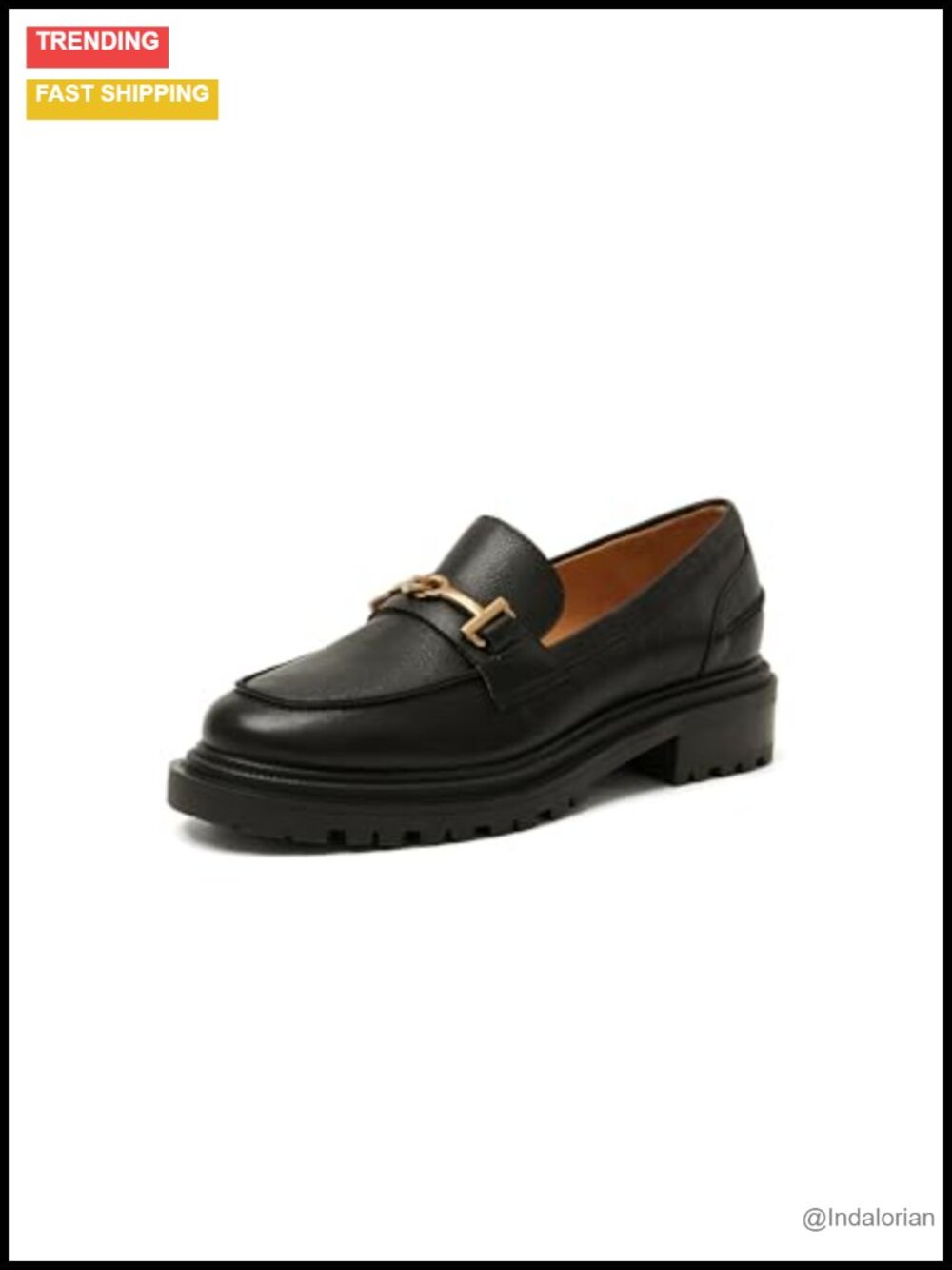 Genuine Leather Chunky Platform Loafer Slip-On Dress Shoe with Gold Buckle